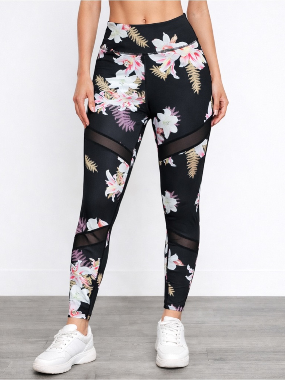 Floral Black High-Waist Mesh Insert Leggings